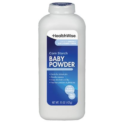 Picture of HealthWise Corn Starch Baby Powder | Aloe + Vitamin E | Talc Free | Paraben & Phthalate Free | Absorbs Moisture | 15 oz (425g)