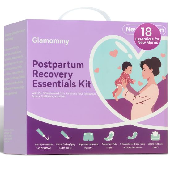 Picture of Glamommy Postpartum Recovery Essentials Kit for Women, Labor & Delivery Postpartum Care, Peri Bottle, Cooling Spray, Disposable Postpartum Underwears, Postpartum Pads, Hot&Cold Packs, Soothing Liners
