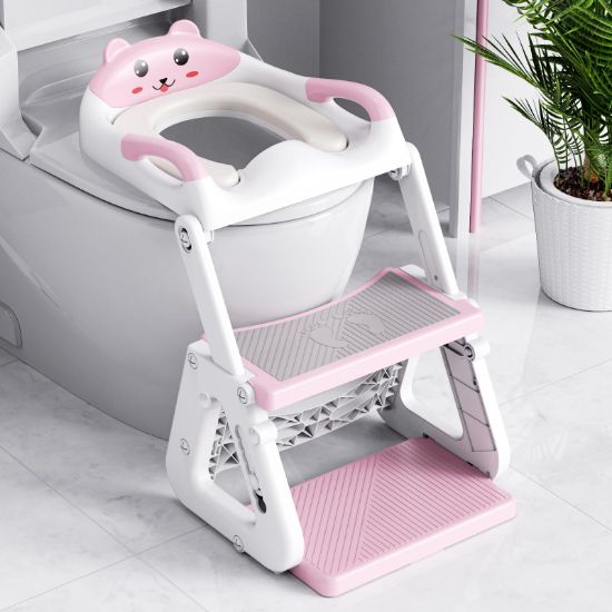Picture of Orzbow Potty Training Seat | Upgrade Toddler Potty Training Toilet with Step Stool, 2-in-1 Stability Toilet Seat for Boys Girls | with Splash Guard, Anti-Slip Pad, Ladder, and Height Adjustable, Pink