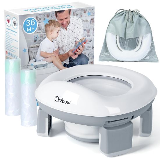 Picture of Orzbow Portable Potty Training Toilet, Travel Potty Seat for Toddler Boys Girls with Splash Guard, Potty Training Essentials, Foldable, Includes Free Travel Bag and 40 Liners, Indoor/Outdoor Use, Grey