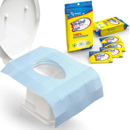 Picture of Relyo 20 Pack XL Disposable Toilet Seat Covers - Waterproof Toilet Cover Sheets with Adhesive Tabs for Adults, Kids & Toddlers, Travel, Public Restrooms, Airplane, Camping