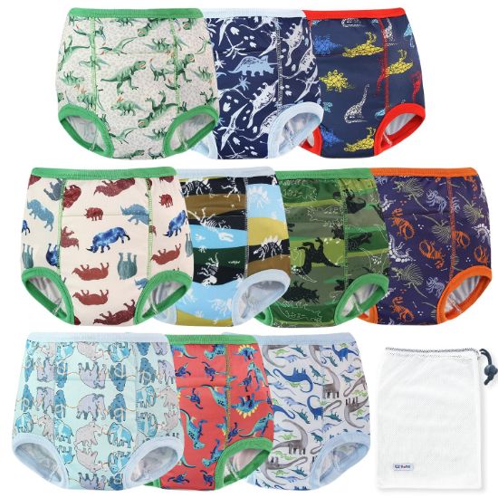Picture of EZ Moms 10 Packs High Waist Potty Training Underwear for Boys Double Absorption Toddler Training Pants 3T-4T Reusable Dinosaur Toddler Underwear Boys 3T Kid Confident Pee Pants with a Laundry Bag