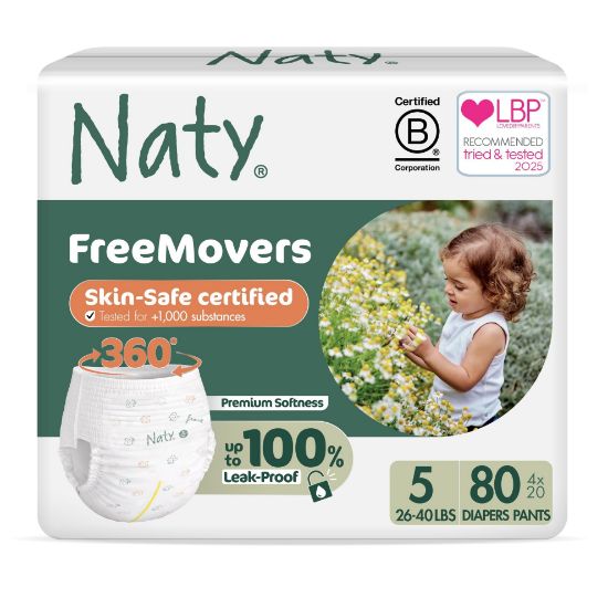 Picture of Naty FreeMovers Pull Up Training Pants for Sensitive Skin | Hypoallergenic Potty Training Underwear | Absorbent & Leak-Proof for Toddler | Soft, Unscented| Size 5, 3T-4T (26-40 lbs), 80 Count