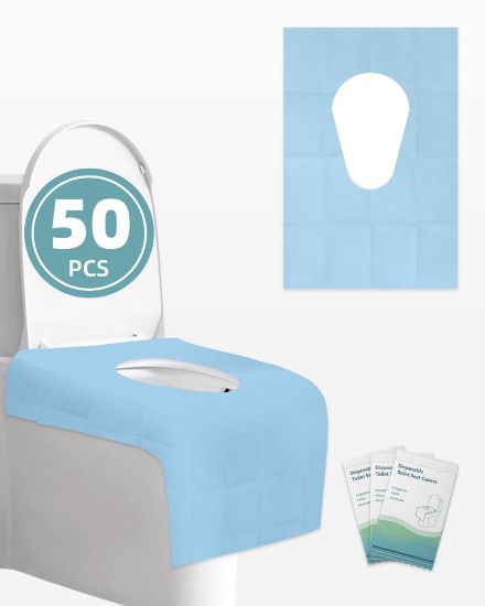 Picture of FLOGOSO 50 Pack Disposable Toilet Seat Covers 16x24 Inch Extra Large Individually Wrapped Toilet Seat Shields Travel Accessories for Adults Kids-Blue