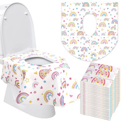 Picture of 50 Packs Disposable Toilet Seat Covers Extra Large Individually Wrapped for Kids and Adults, Portable Non Slip Waterproof Potty Seat Covers for Toddlers Potty Training, Travel (Rainbow)
