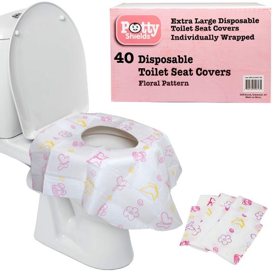 Picture of Potty Shields Toilet Seat Covers Disposable (40 Pack, Floral) - XL Waterproof Toilet Cover for Toddlers, Kids & Adults - Portable & Individually Wrapped for Travel, Potty Training & Public Restrooms