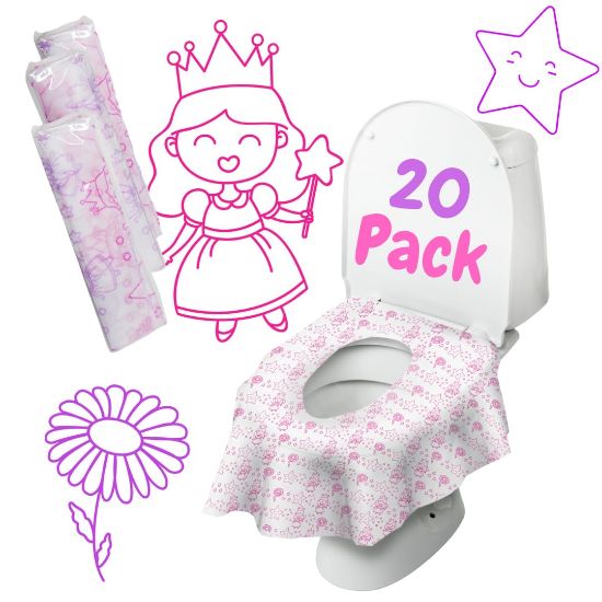 Picture of Princess Disposable Toilet Seat Cover for Kids 20 Pack, XL, Waterproof & Individually Wrapped Toddler Toilet Covers Disposable for Travel, Potty Liners for Toddlers, Potty Training for Girls and Boys