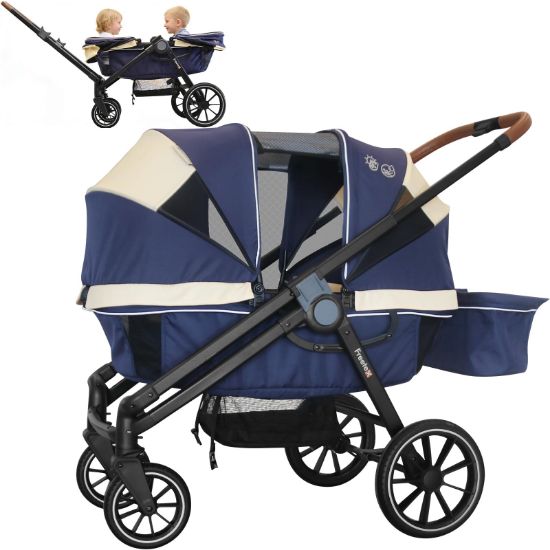 Picture of Wagon Stroller for 2 Kids, All-Terrain 2-in-1 Push & Pull Design, Removable UV-Protection Canopy, Double Seat, Large Storage, Snack Tray for Baby and Toddler