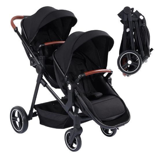 Picture of Tandem Stroller, Double Bassinet Stroller for Newborn and Toddler Twins, Reversible Seat Adjustable Canopy, One-Hand Fold Frame with Large Storage Basket, Black