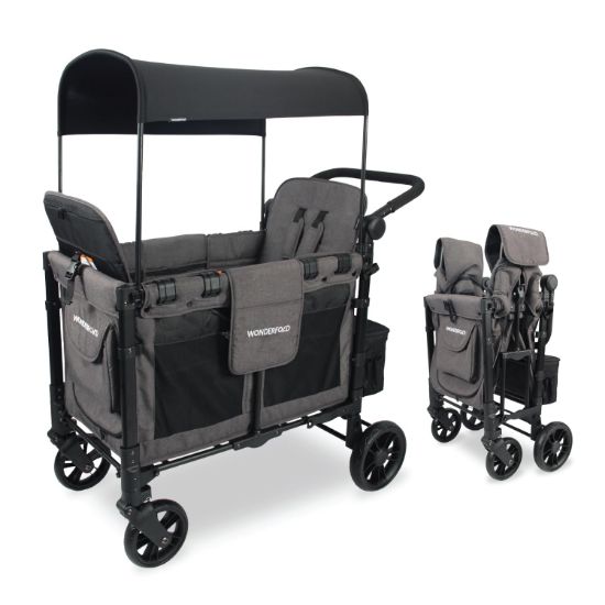 Picture of WONDERFOLD W2 Elite Double Stroller Wagon Featuring 2 High Seats with 5-Point Harnesses, Adjustable Push Handle, and Height Adjustable UV-Protection Canopy, W2 Elite Gray