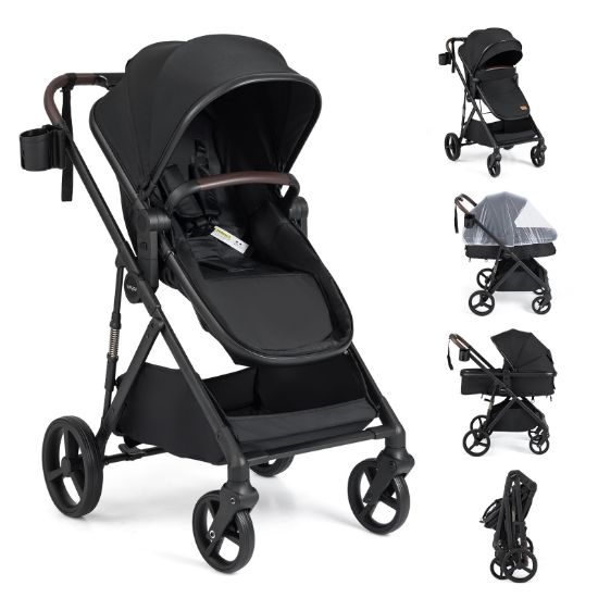 Picture of BABY JOY 2 in 1 Baby Stroller, High Landscape Convertible Bassinet Stroller with Reversible Seat, Net, Adjustable Canopy, Cup Holder, Foldable Pushchair Pram Stroller for Newborn Toddlers (Black)