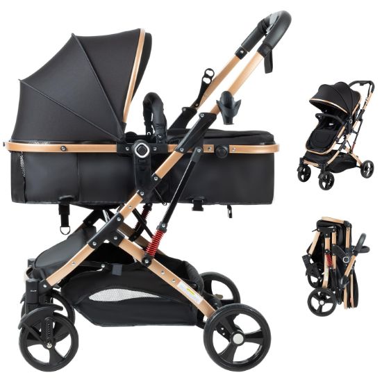 Picture of PEARLOVE 2 in 1 Baby Stroller Newborn Foldable Pushchair Folding High Landscape Infant Carriage,Toddler Pushchair Black Baby Stroller