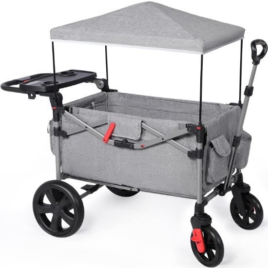 Picture of EVER ADVANCED Foldable Wagons for Two Kids & Cargo, Collapsible Folding Stroller with Adjustable Handle Bar,Removable Canopy with 5-Point Harness Gray