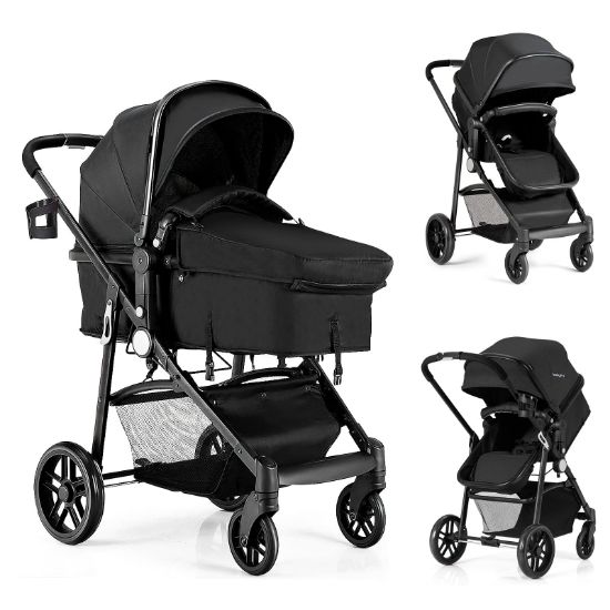 Picture of BABY JOY Baby Stroller, 2 in 1 Convertible Carriage Bassinet to Stroller, Pushchair with Foot Cover, Cup Holder, Large Storage Space, Wheels Suspension, 5-Point Harness (Black)