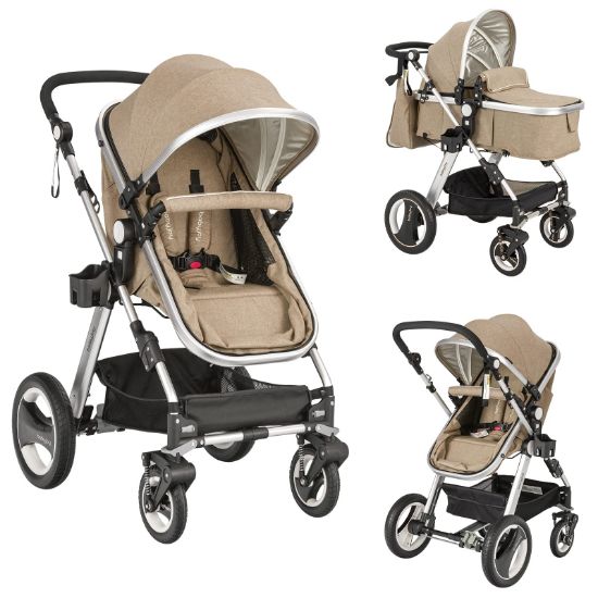 Picture of BABY JOY Baby Stroller, 2-in-1 Convertible Bassinet Reclining Stroller, Foldable Pram Carriage with 5-Point Harness, Including Cup Holder, Foot Cover, Diaper Bag, Aluminum Structure, Khaki