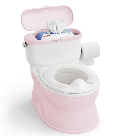Picture of CheerTry 2-in-1 Toddler Potty Training Toilet - with Detachable Training Seat, Realistic Flushing Sound for Boys & Girls Ages 1-3 with Wipes Storage, Toilet Paper Holder