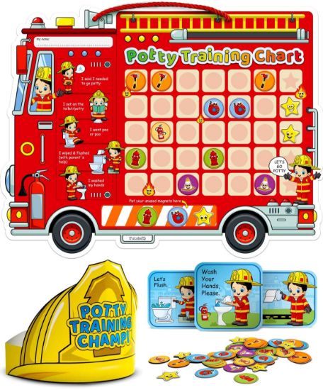 Picture of Potty Training Chart with 35 Stickers, 3 Reminder Stickers and Crown for Toddlers Boys and Girls - Potty Training Rewards for Kids - Fireman