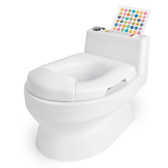 Picture of Fisher-Price 2-N-1 Potty Trainer with Flushing Sounds, Chart & Storage - White Floor Potty Chair with Splash Guard, Removable Ring & Bowl, Patented Snap Safe Ring Technology