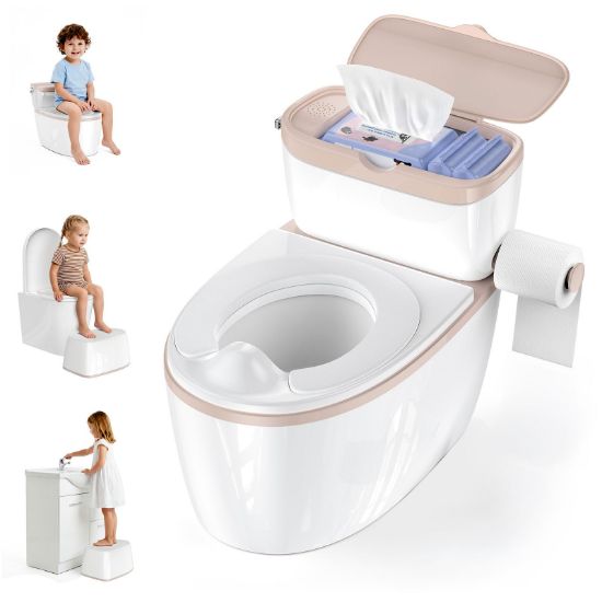 Picture of 3-in-1 Toddler Potty Training Toilet with Flushing Sound, Wipes Storage & Toilet Paper Holder, Realistic Potty Chair with Detachable Seat and Easy-Clean Design for Boys & Girls Ages 18+ Months (Brown)