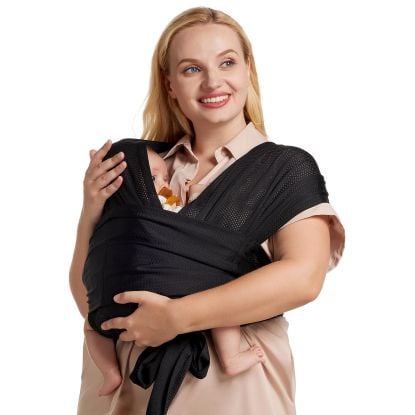 Picture of Momcozy Adjustable Buckle Baby Wrap Carrier Cooling Air-Mesh, Easy to Wear Baby Carrier Sling, Baby Carriers Newborn to Toddler 8-35lbs, Suit for Waist 30-47inch, Regular Black