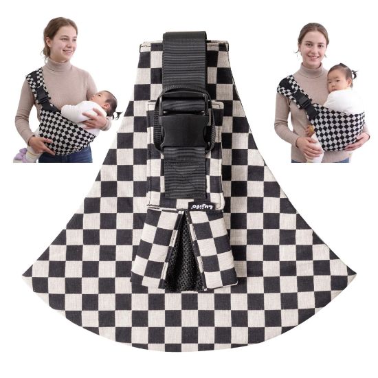 Picture of Lujifo Baby Sling Carrier, Lightweight Portable Baby Carrier for Toddlers, Toddler Sling Carrier with Adjustable Front & Back Shoulder Straps - Fits Babies 6 to 48 Months (Ebony Check)
