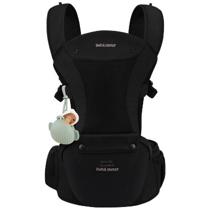 Picture of Bebamour Baby Carrier with Hip Seat,All-Position Breathable Mesh Hip Seat & Carrier 0-36Months with Head Hood, 3 PCS Teething Pads, Waist Extender,Storage Bag & Pacifier Case(Black)