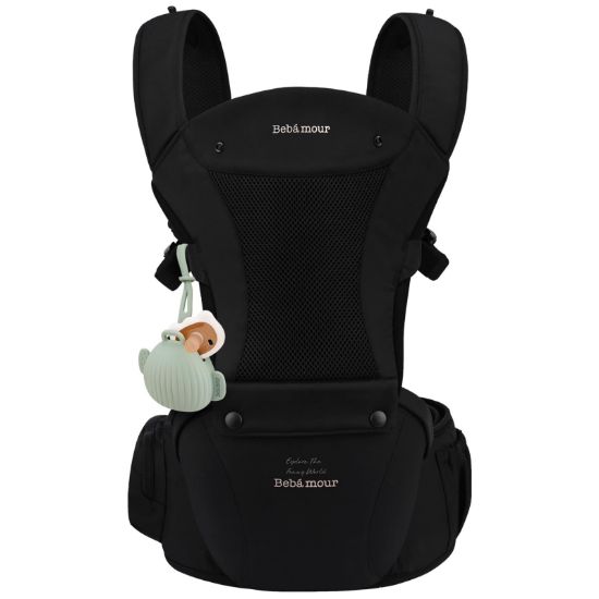 Picture of Bebamour Baby Carrier with Hip Seat,All-Position Breathable Mesh Hip Seat & Carrier 0-36Months with Head Hood, 3 PCS Teething Pads, Waist Extender,Storage Bag & Pacifier Case(Black)