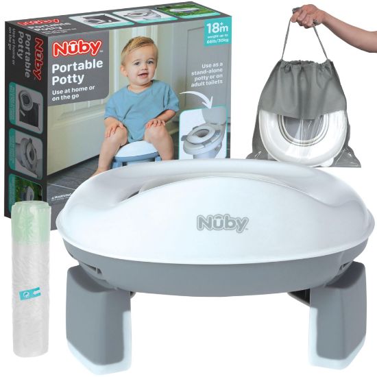 Picture of Nuby On-The-Go Portable Potty Seat - Travel Toilet Seat for Boys and Girls 18+ Months - Includes Storage Bag and Disposable Potty Liners - Toddler Travel Essentials - Toddler Potty Training Toilet