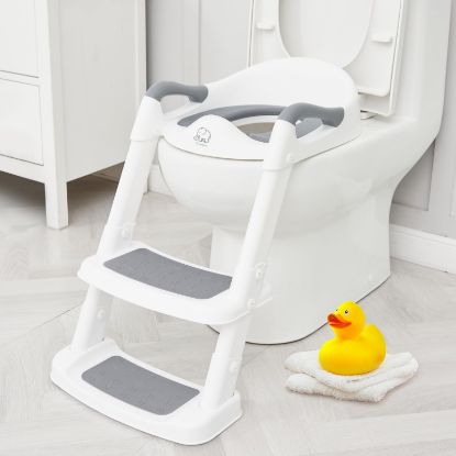 Picture of Forbena Potty Training Toilet Seat with Step Stool Ladder, Toddler Kids Potty Seat for Boys Girls, Non Slip Foldable Toilet Training Seat with Soft Cushion, Comfortable Handles (White-Grey)