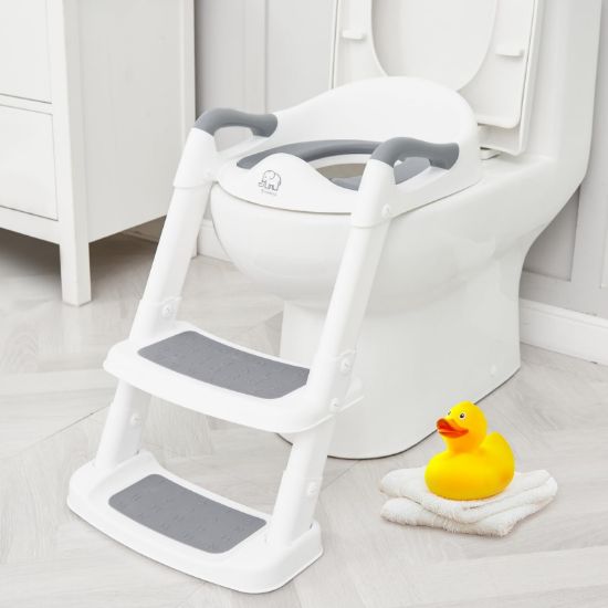 Picture of Forbena Potty Training Toilet Seat with Step Stool Ladder, Toddler Kids Potty Seat for Boys Girls, Non Slip Foldable Toilet Training Seat with Soft Cushion, Comfortable Handles (White-Grey)