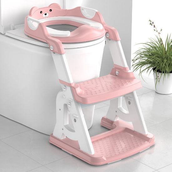 Picture of Meulife Potty Training Seat, Upgrade 2 in 1 Potty Training Toilet for Toddler, Toddler Toilet Seat for Boys Girls with Support Bar, Anti-Slip Pad and Step Stool (Pink)