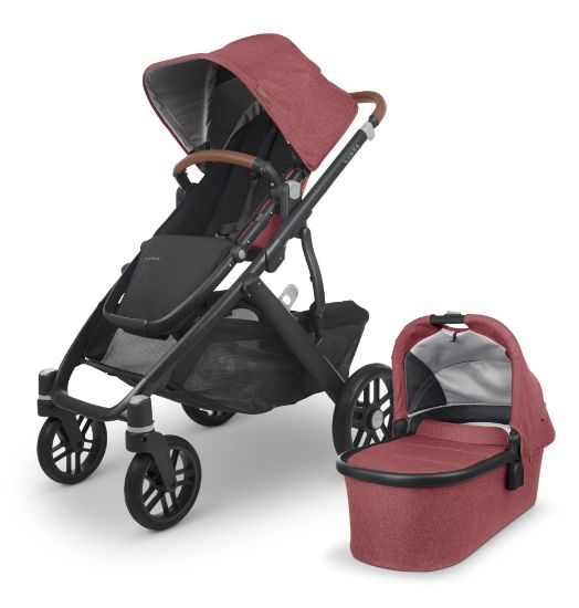 Picture of UPPAbaby Vista V2 Stroller / Convertible Single-To-Double System / Bassinet, Toddler Seat, Bug Shield, Rain Shield, and Storage Bag Included / Greyson (Charcoal Mlange/Carbon Frame/Saddle Leather)