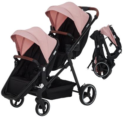Picture of Double Tandem Stroller for Newborn & Toddler - Foldable Twin Pushchair with Reversible Seat, 5-Point Safety Harness, Adjustable Backrest & Canopy, Storage Basket