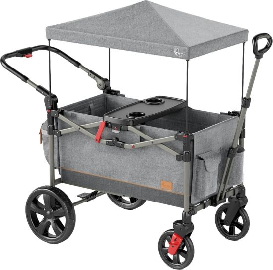Picture of Busy Bee Foldable Wagon Stroller for 2 Kids, Push Pull Collapsible Kids Wagon with Adjustable Handle Bar, Removable Canopy, 5-Point Harness, Shock-Absorbing Wheels, Grey