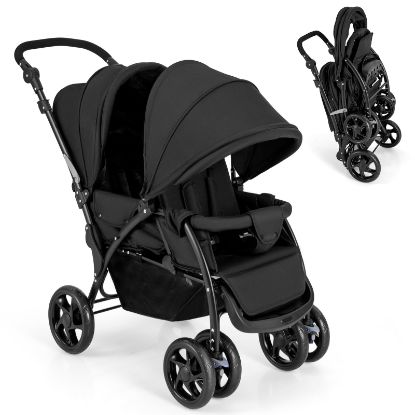 Picture of GLACER Foldable Twin Stroller, Double Baby Stroller w/Multi-Level Backrest, Canopy, Handle & Footrest, Safety Belt & Brake System, Travel Tandem Seating Stroller w/Lockable Wheels (Black)