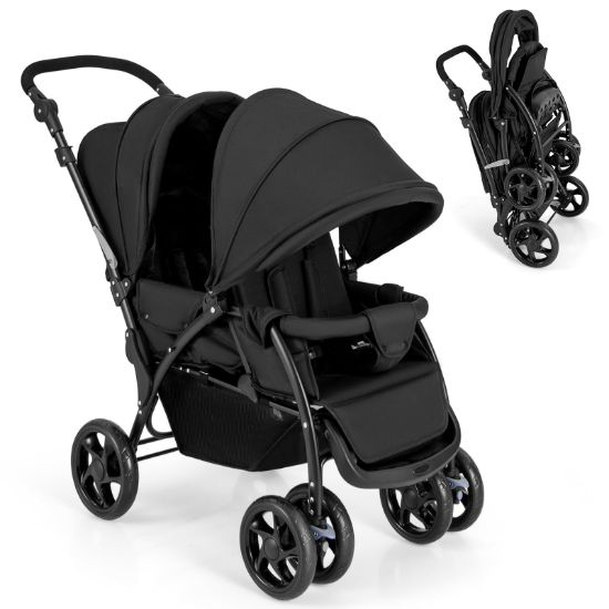Picture of GLACER Foldable Twin Stroller, Double Baby Stroller w/Multi-Level Backrest, Canopy, Handle & Footrest, Safety Belt & Brake System, Travel Tandem Seating Stroller w/Lockable Wheels (Black)
