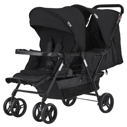 Picture of VEVOR Double Stroller, Foldable Lightweight Twin Stroller with Tandem Seating, Adjustable Backrest/Footrest, Wrap-Around Safety Harness, Storage Basket & Tray, for Newborn and Toddler (Black)