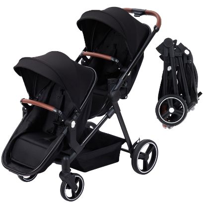 Picture of Tandem Double Stroller Newborn and Toddler, Foldable Twin Stroller with Reversible Seat, 5-Point Safety Harness, Adjustable Backrest & Canopy, Storage Basket