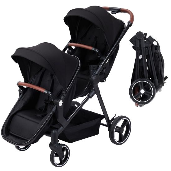 Picture of Tandem Double Stroller Newborn and Toddler, Foldable Twin Stroller with Reversible Seat, 5-Point Safety Harness, Adjustable Backrest & Canopy, Storage Basket