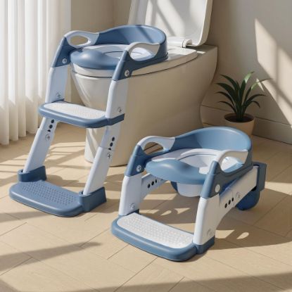 Picture of 3-in-1 Potty Training Seat & Training Toilet & Potty Chair, Height Adjustable Toddler Toilet Seat for Kids Boys Girls, Foldable Potty Training Toilet with Splash Guard and Anti-Slip Steps