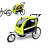 Picture of Booyah Strollers 3 in 1 Double Child Baby Bike Bicycle Trailer, Jogger, Stroller with Suspension| 88 lb Capacity | Helmet-Friendly Design, Ventilation, and Storage | (Fluorescent Green)