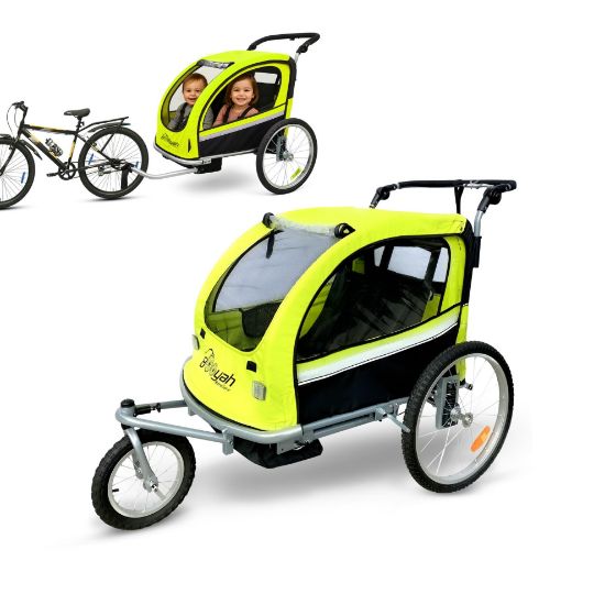 Picture of Booyah Strollers 3 in 1 Double Child Baby Bike Bicycle Trailer, Jogger, Stroller with Suspension| 88 lb Capacity | Helmet-Friendly Design, Ventilation, and Storage | (Fluorescent Green)