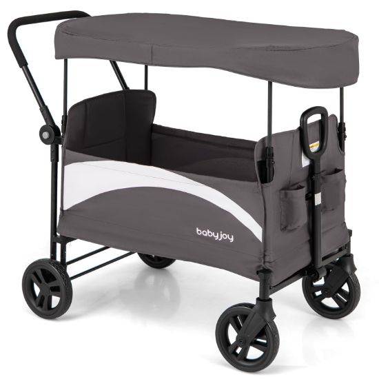 Picture of BABY JOY Collapsible Wagon Stroller for 2 Kids & Cargo, Push Pull Double Stroller w/Adjustable Handle Bar, Removable Canopy, Safety Harness, All Terrain Wheels, Foot Brake, Storage Pockets (Gray)