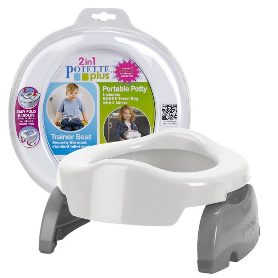 Picture of Kalencom Potette Plus 2-in-1 Travel Potty and Trainer Seat - Dual-Purpose Potty Training Toilet Seat - Portable Potty for Toddler Travel - with Durable, Lock-in Legs and Splash Guard - White/Gray