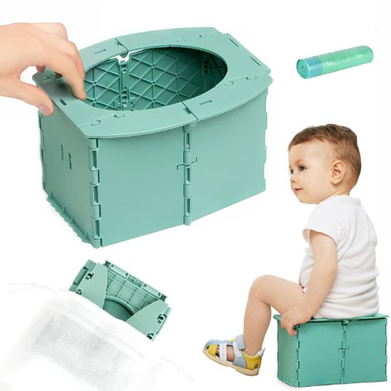 Picture of Portable Potty Seat for Toddler Foldable Travel Potty Training Toilet Seat with Cleaning Bags Reusable for Outdoor Camping, Travel, Kids Toddler Travel Potty Seat (Green)