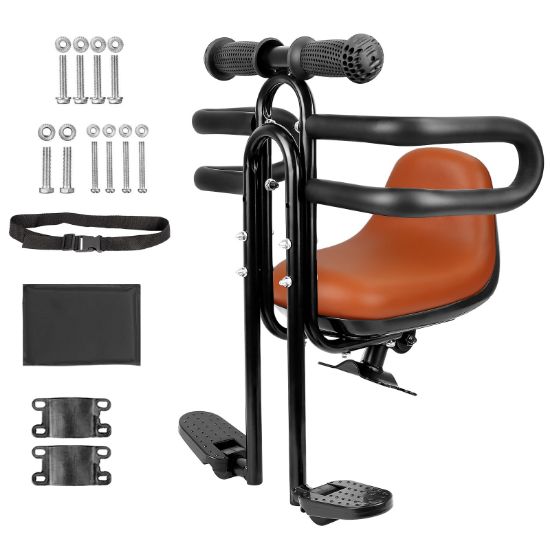 Picture of MEGHNA Bike Child Seat Front Mounted for Adult Bike Comfortable Baby Bike Seat with Backrest Adjustable Height and Position Bicycle Child Seat with Foot Pedals for Baby Toddler (Brown)