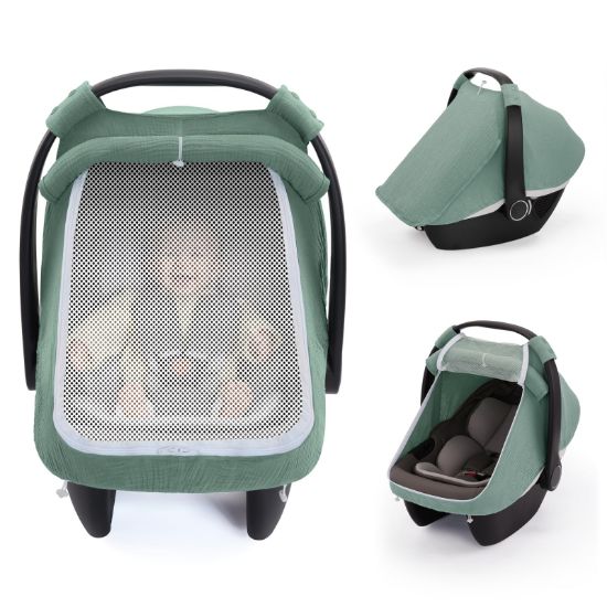 Picture of Blissful Diary Baby Car Seat Cover, Extra Large Mesh Window, Breathable Muslin Cotton, Infant Windproof Canopy, Must-Have Baby Gift - Roman Green
