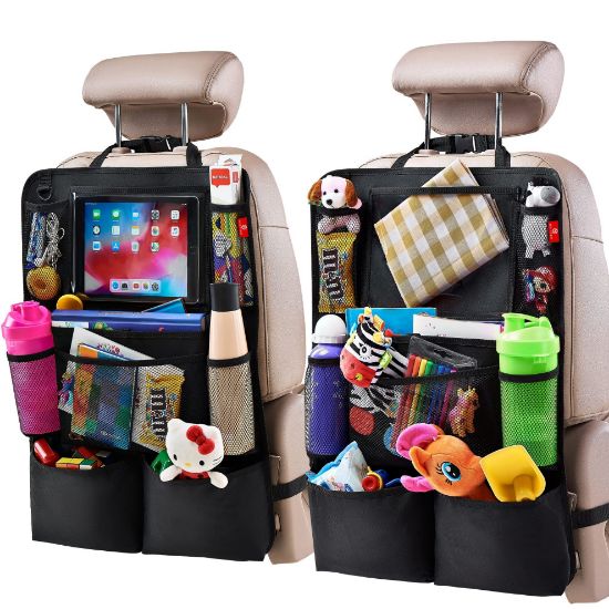 Picture of Helteko Backseat Car Organizer, Kick Mats Back Seat Protector with Touch Screen Tablet Holder, Back Seat Organizer for Kids, Travel Accessories with 9 Storage Pockets 2 Pack, Black