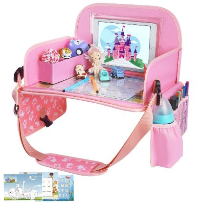 Picture of MENZOKE Kids Travel Tray for Toddler Car Seat, Road Trip Activities for Kids with iPad Holder Stand & Dry Erase Board, Road Trip Essentials Accessories Lap Tray as Travel Gifts for Kid, Pink
