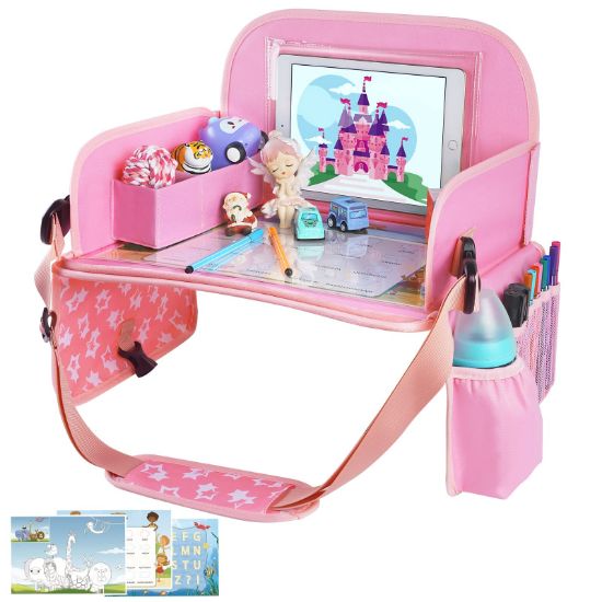 Picture of MENZOKE Kids Travel Tray for Toddler Car Seat, Road Trip Activities for Kids with iPad Holder Stand & Dry Erase Board, Road Trip Essentials Accessories Lap Tray as Travel Gifts for Kid, Pink